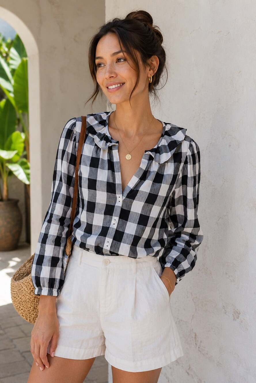 J.Crew Black White Gingham Ruffle V-Neck Button Front Cotton Blouse XS